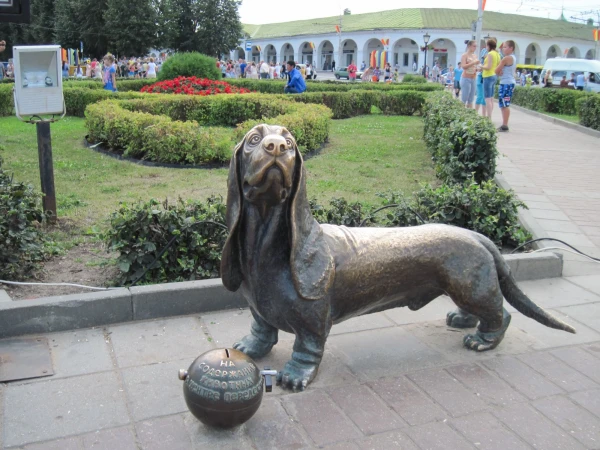 песик стоит в самом-самом центре Костромы