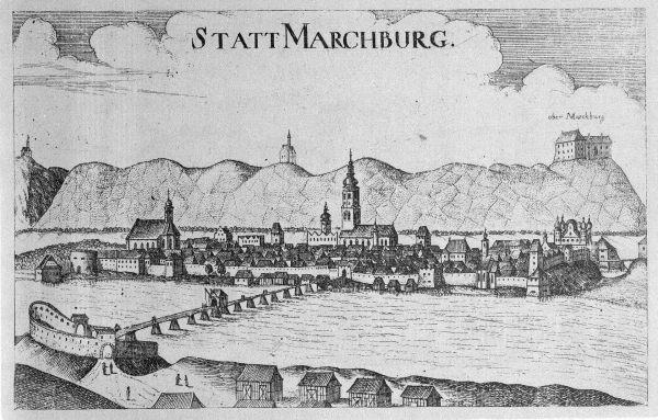 Словения. Марибор. Основанный ещё в XII веке под именем Марбург (Marburg an der Drau), город прославился своей винодельческой отраслью. Старинная гравюра.