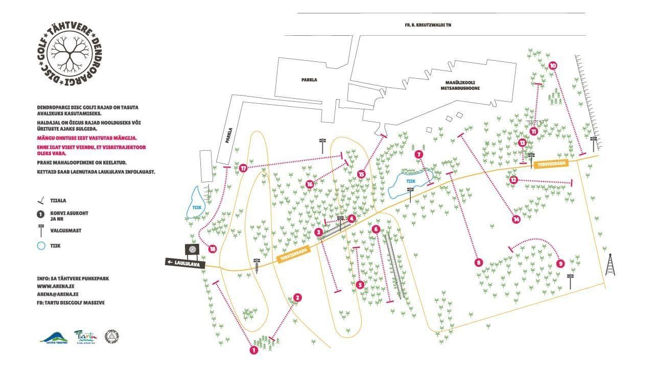 Дорожки для диск-гольфа в дендропарке Парка отдыха Тяхтвере
